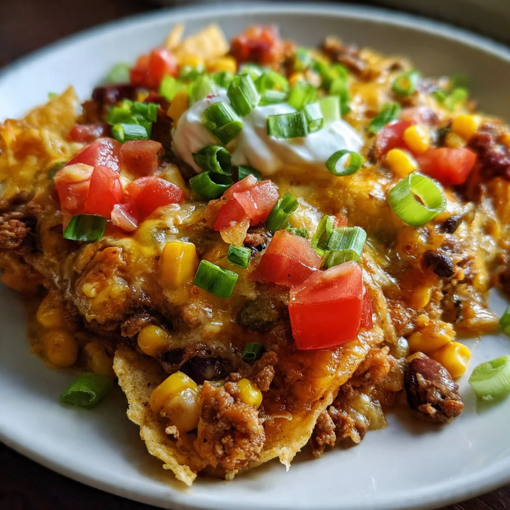 Close-up of a hearty slice of John Wayne Casserole showing layers of beef, vegetables, and cream