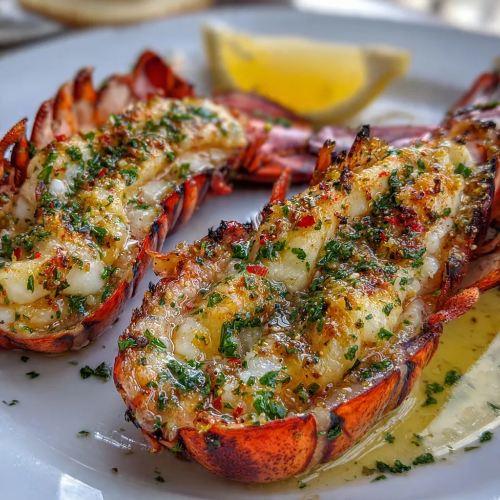 An elegant dinner plate featuring broiled lobster with garlic butter, lemon wedges, and roasted asparagus
