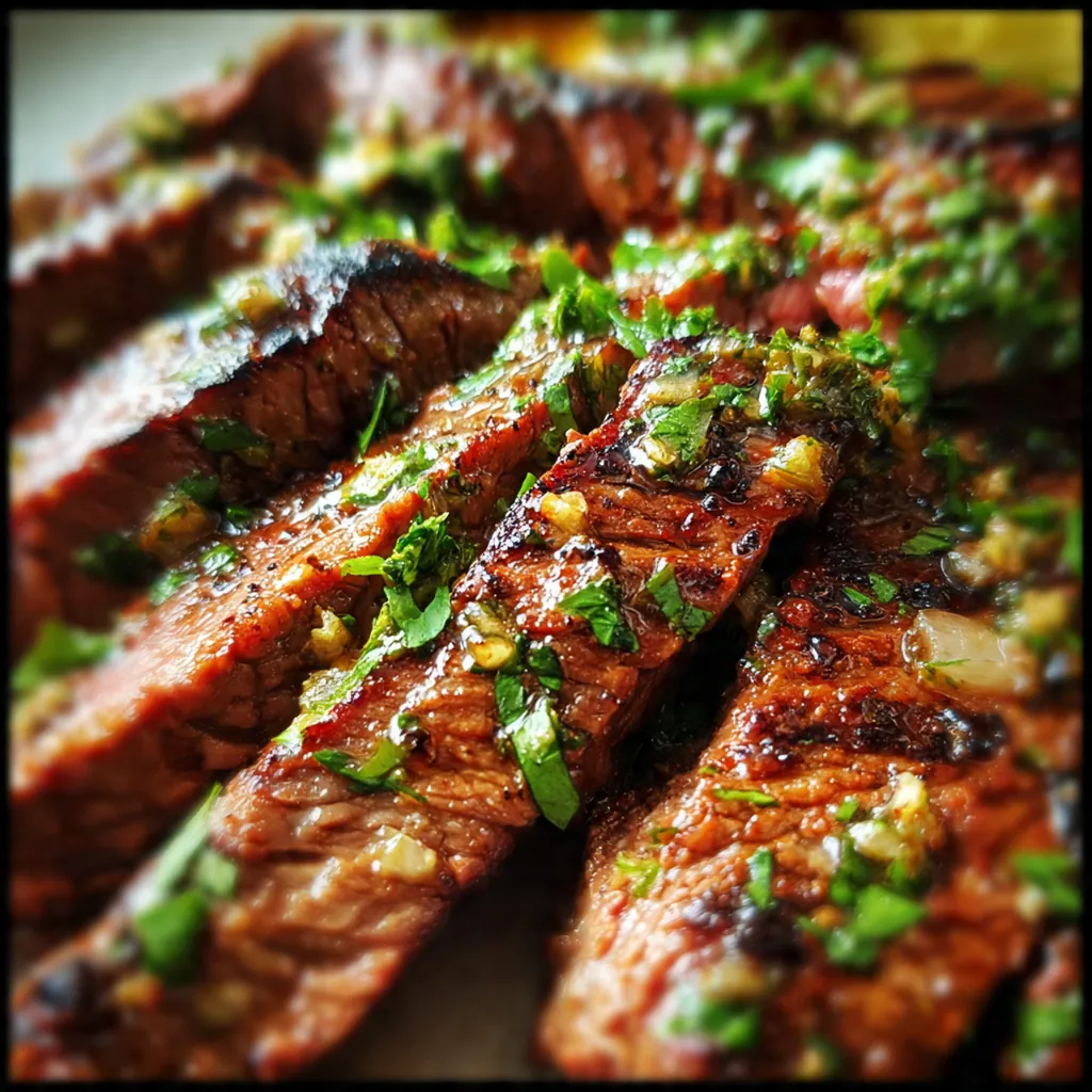 Close-up of thinly sliced juicy flank steak sprinkled with fresh chopped parsley and green onions