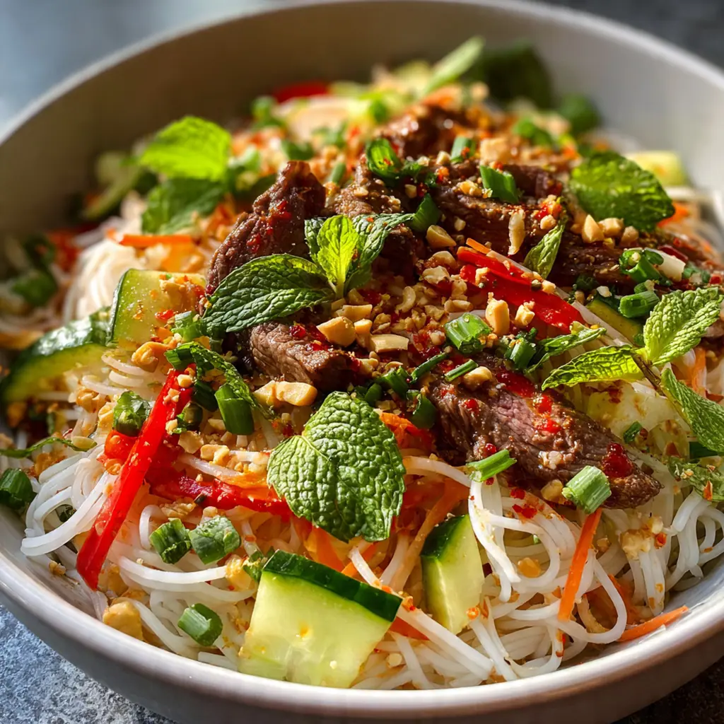 Close-up of vibrant sesame ginger dressing drizzled over a bowl of noodle beef salad