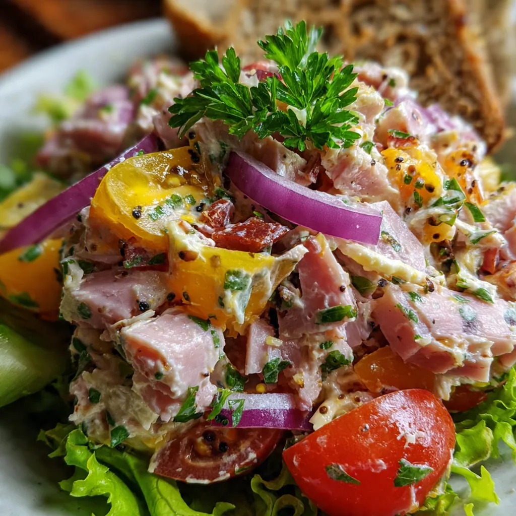 Close-up of a spoonful of ham salad showcasing the perfect mix of textures and fresh green parsley