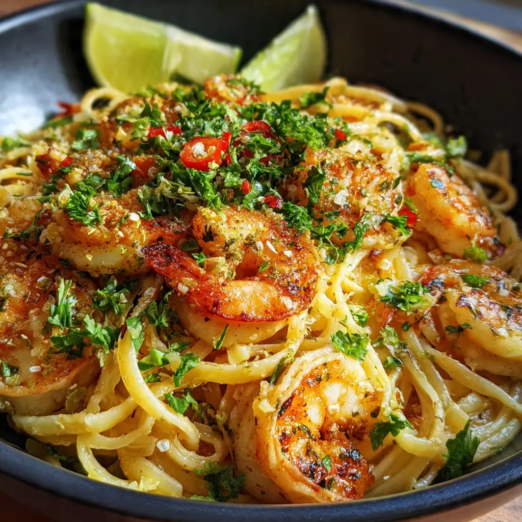 Overhead shot of a skillet filled with bang bang shrimp pasta, fresh cilantro, and lime wedges on the side