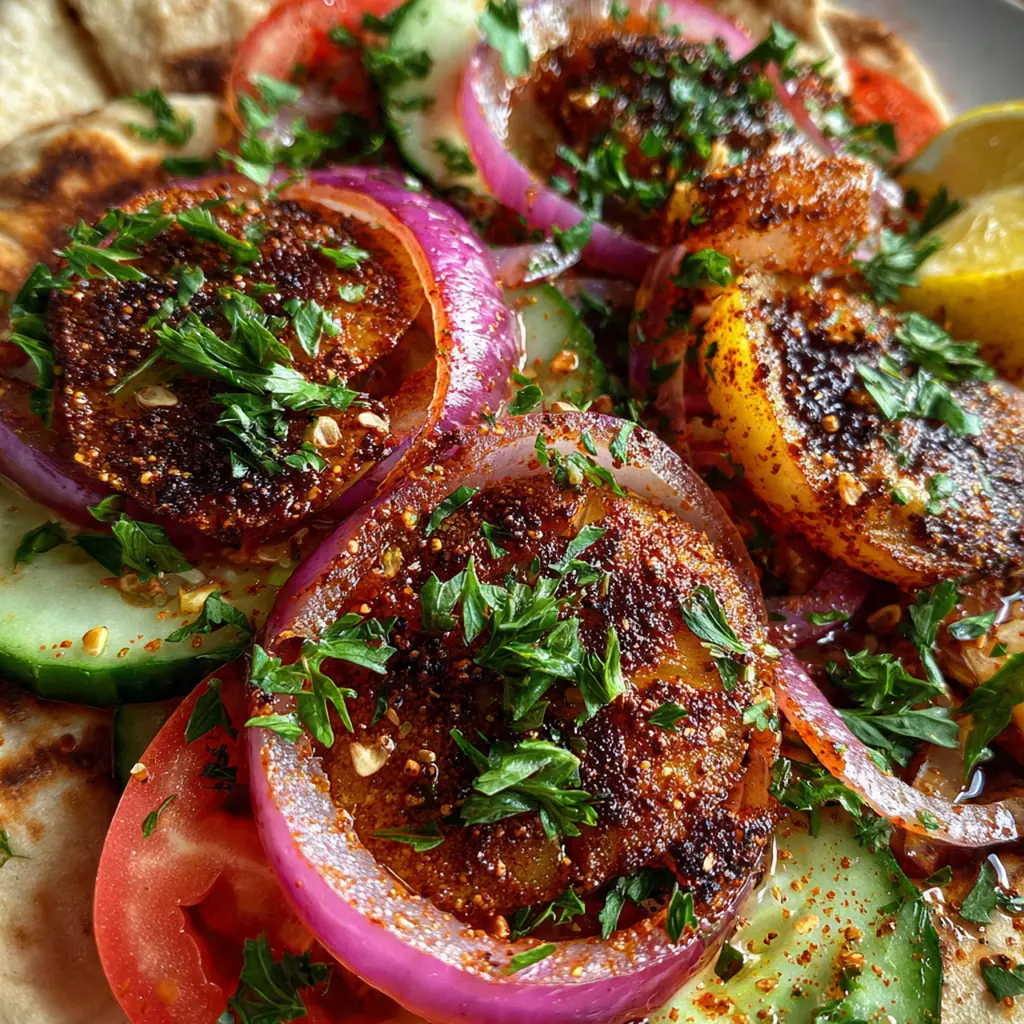 Fresh Lebanese sumac onions garnished with pomegranate seeds on a mezze platter