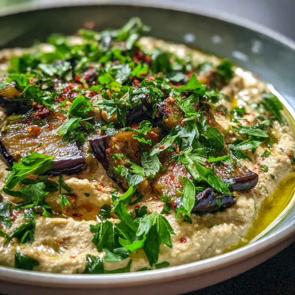 Roasted eggplant halves with charred skins ready for scooping out the silky flesh