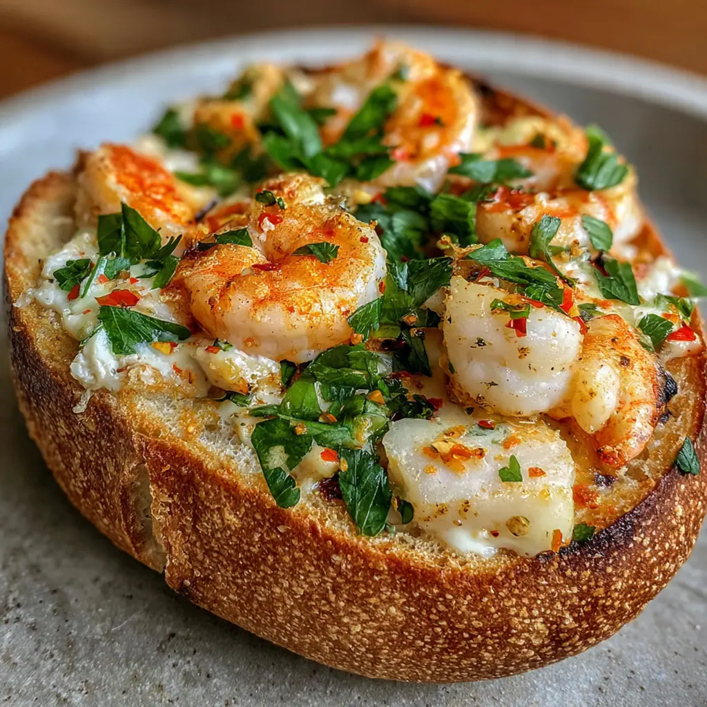Two stuffed seafood bread bowls on a rustic table with lemon wedges and fresh parsley scattered around.