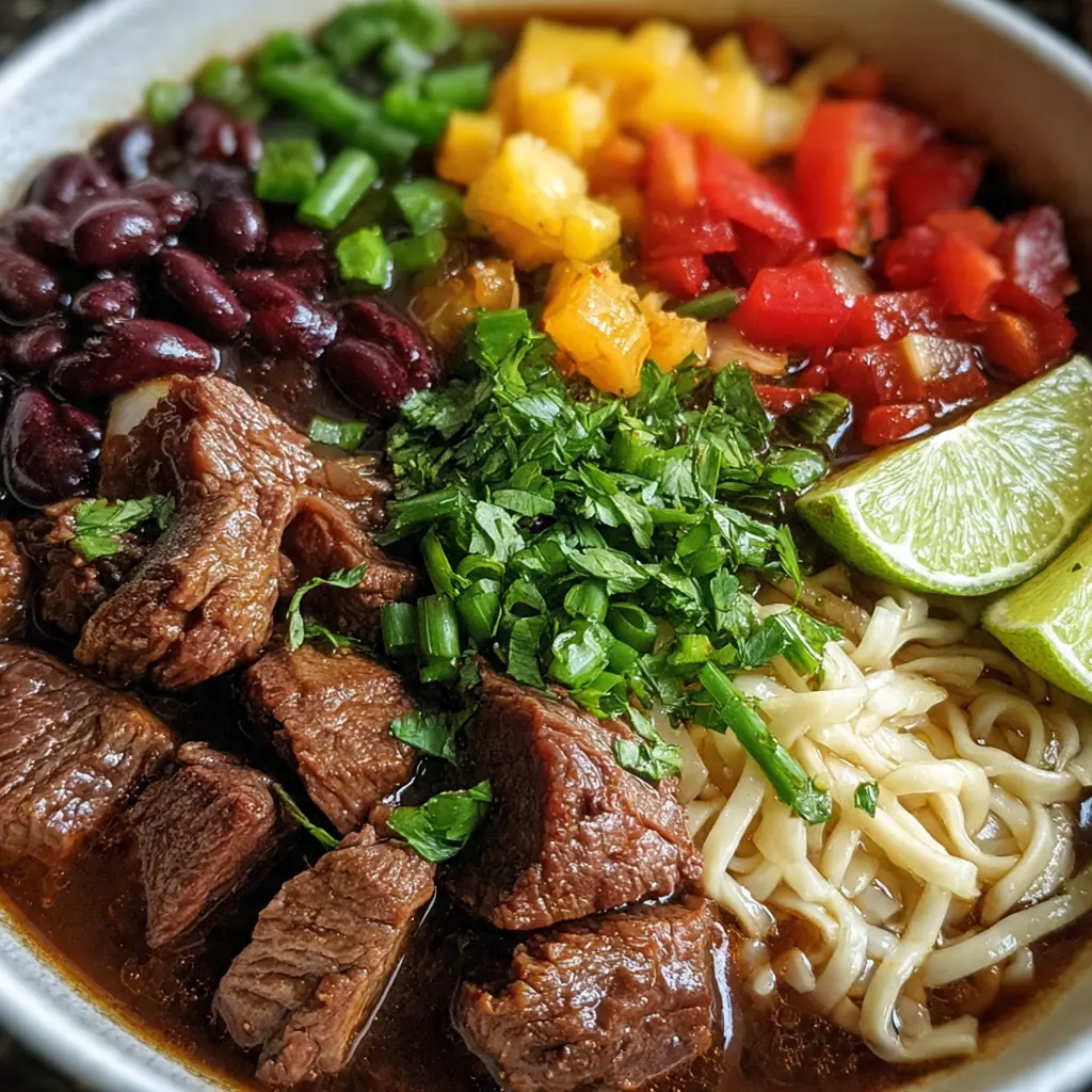 Close-up of glistening beef chunks in a rich, dark red sauce with sliced red peppers