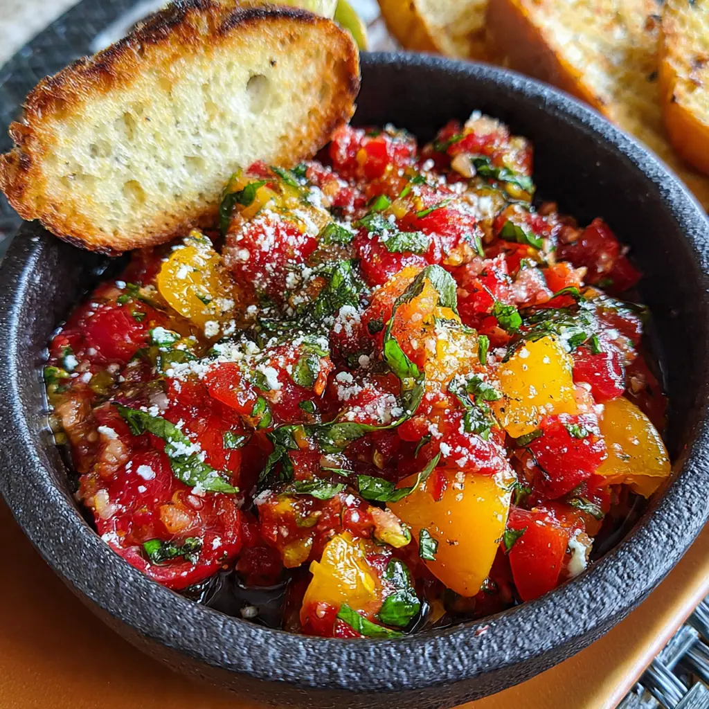 A rustic appetizer spread with bruschetta dip, toasted baguette slices, and olives