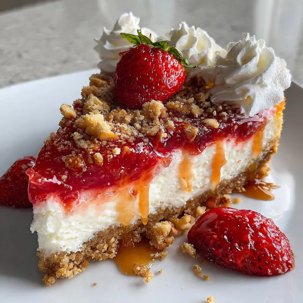 Hand pressing a crumbly mixture onto the side of a creamy cheesecake decorated in strawberry crunch