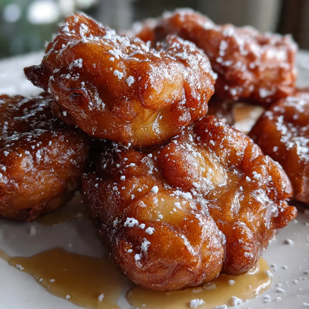 Close-up of a single apple fritter showing tender apple chunks and a glossy cinnamon glaze