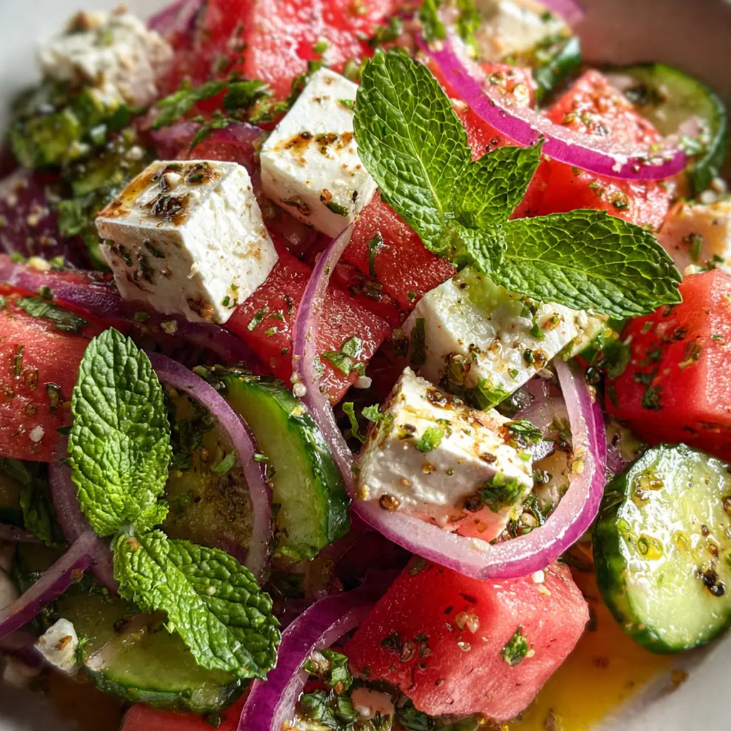 Close-up of a fork lifting juicy watermelon cubes, creamy feta, and crisp cucumber with the lime dressing glistening