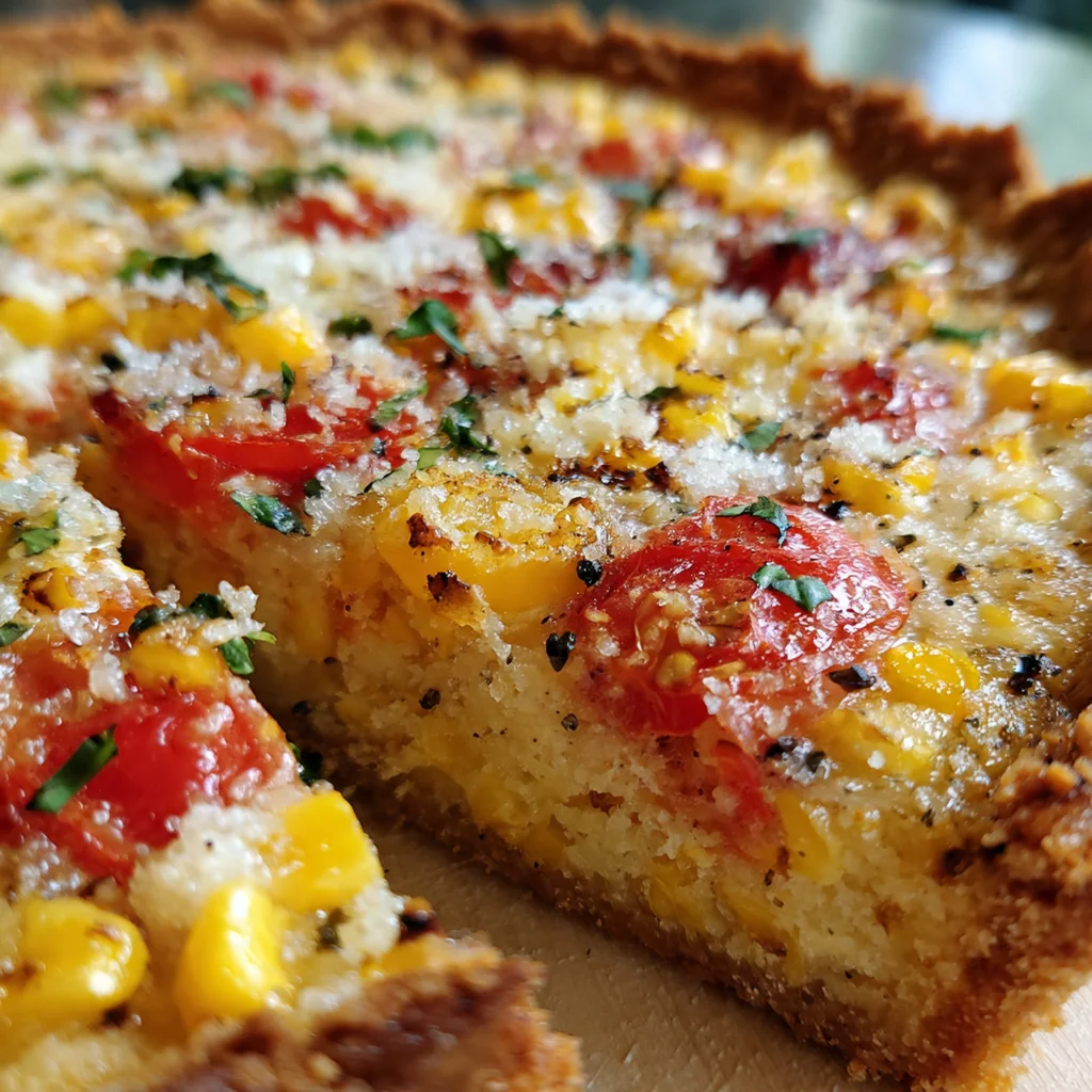 Close-up of a slice showing the layered corn and tomato filling with fresh herbs