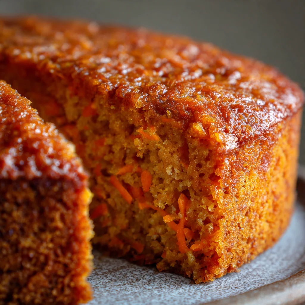 Dense moist slice of steamed carrot cake showing tender crumb and grated carrot flecks