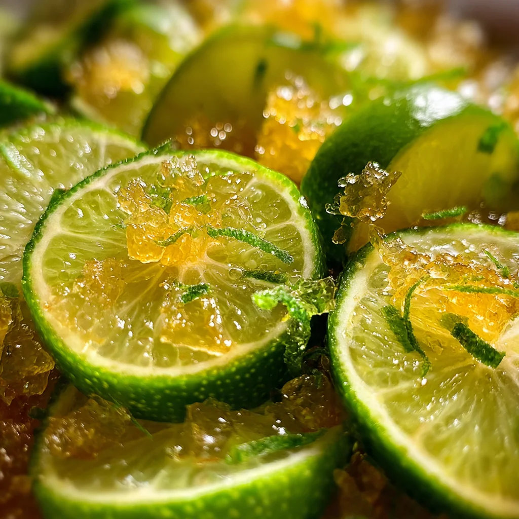 Freshly sliced limes and sugar arranged next to a pot of simmering marmalade on a rustic wooden table