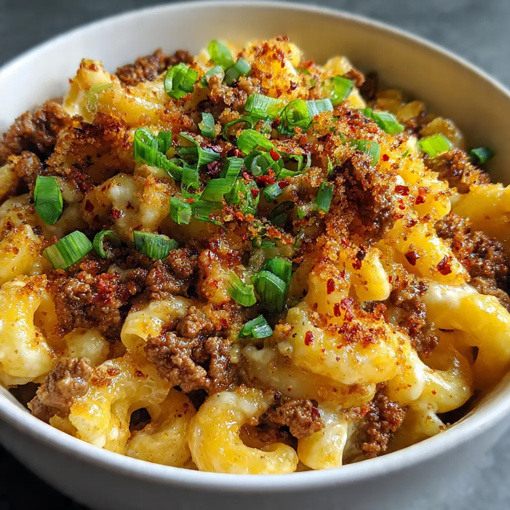Close-up of a spoon pulling up strands of cheesy pasta with perfectly seasoned beef crumbles.