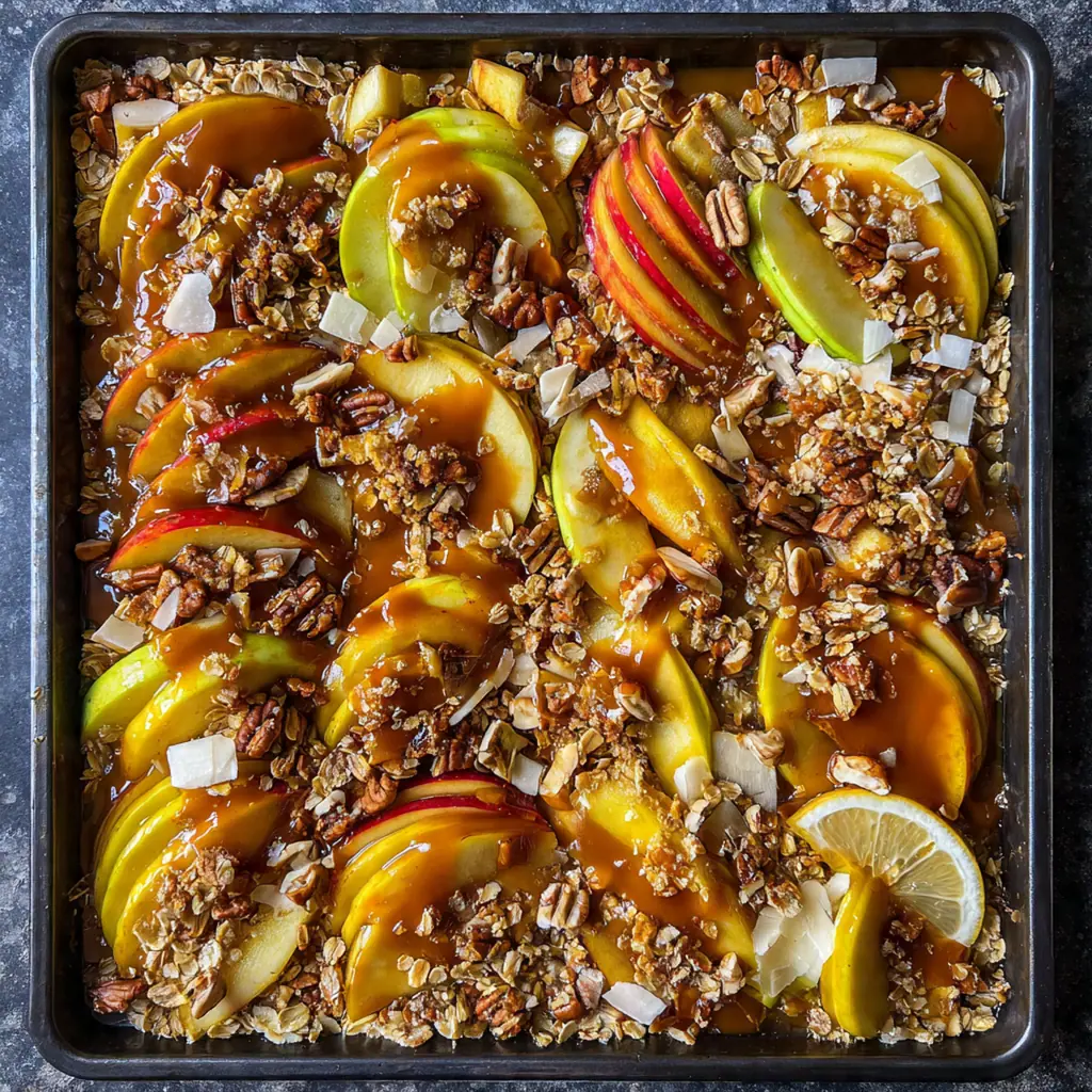 Overhead view of ingredients for sheet pan caramel apples including apples, butter, maple syrup, and cinnamon