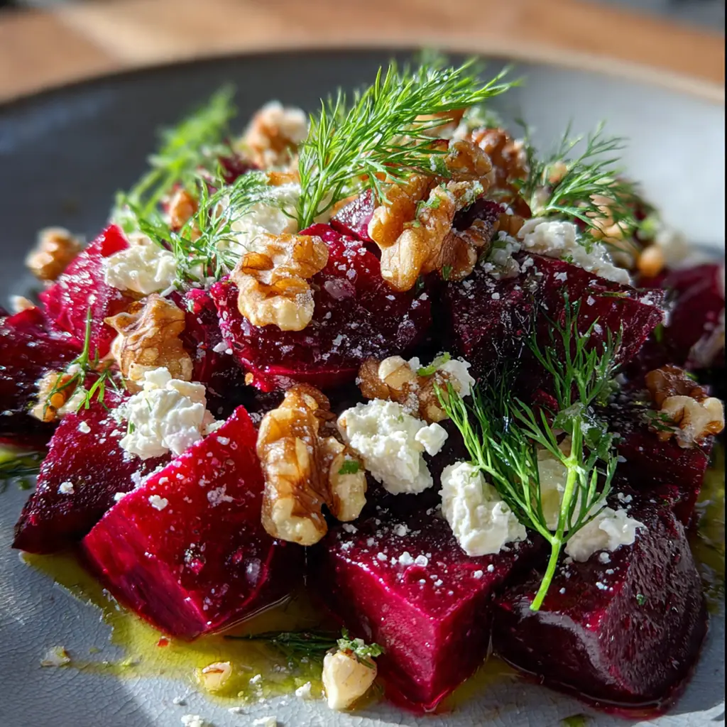 Close-up of roasted beet cubes mixed with red onion and glossy lemon dressing