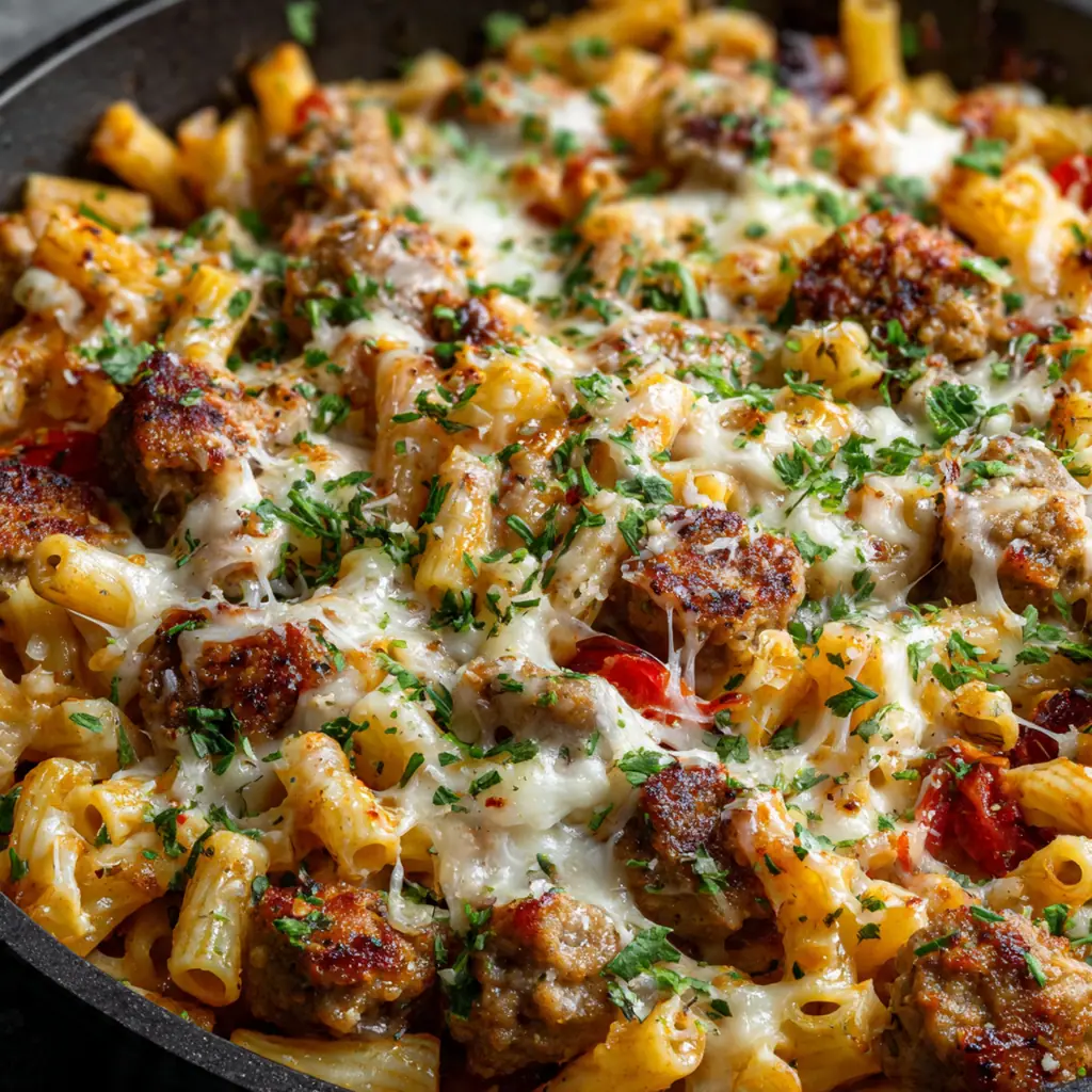 The skillet served on a table with a green salad and garlic bread for a complete meal