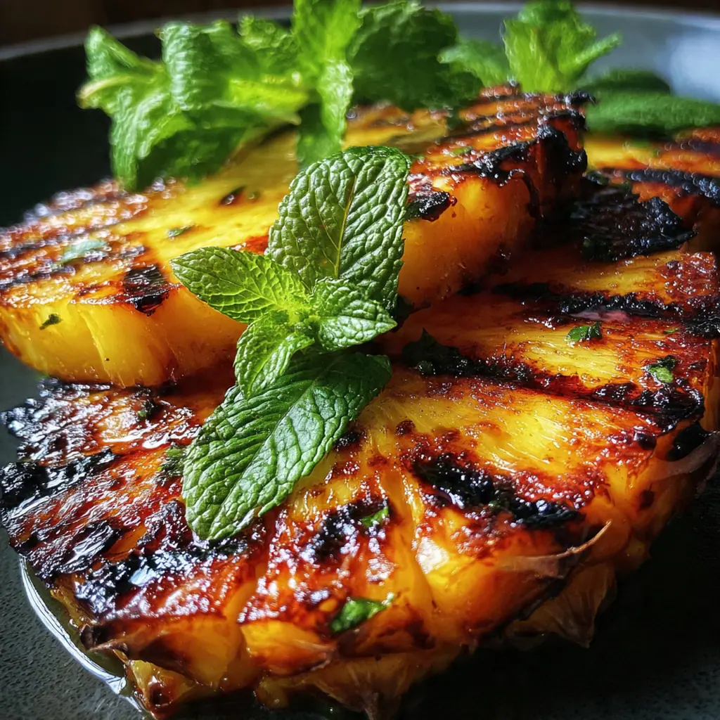 A serving of warm grilled pineapple with a scoop of vanilla ice cream melting alongside