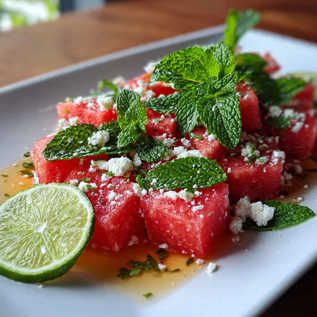 Close-up of refreshing watermelon salad topped with crumbled feta cheese and thin jalapeño slices