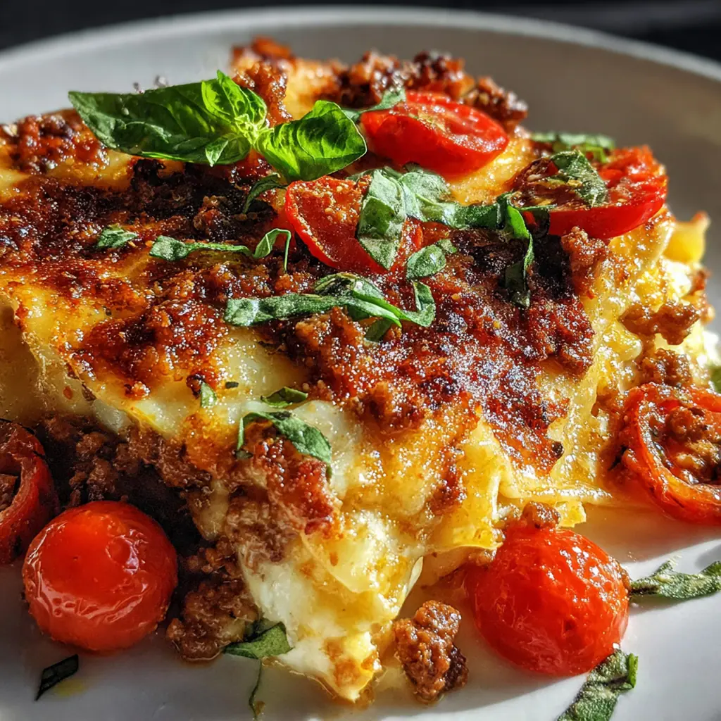 A beautiful family-style lasagne served on a dining table with a green salad and garlic bread