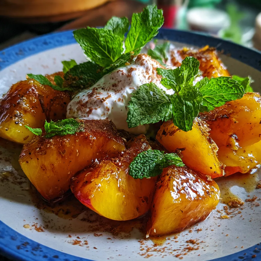A bowl of juicy peaches topped with toasted pecans and a drizzle of sauce