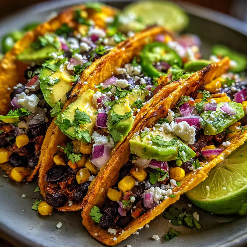 Golden brown corn tortillas filled with chunky black bean mixture and colorful garnishes on a rustic plate