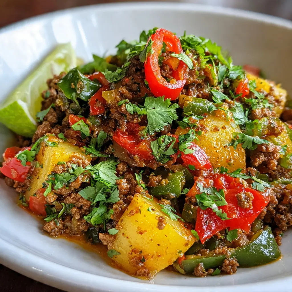 Close-up of a warm tortilla being filled with the richly spiced picadillo and fresh cilantro