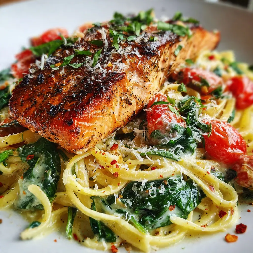 Close-up of fettuccine coated in creamy sauce with tender salmon pieces