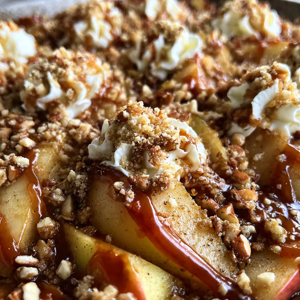 Close-up of a warm caramel apple slice with a scoop of melting vanilla ice cream and chopped pecans