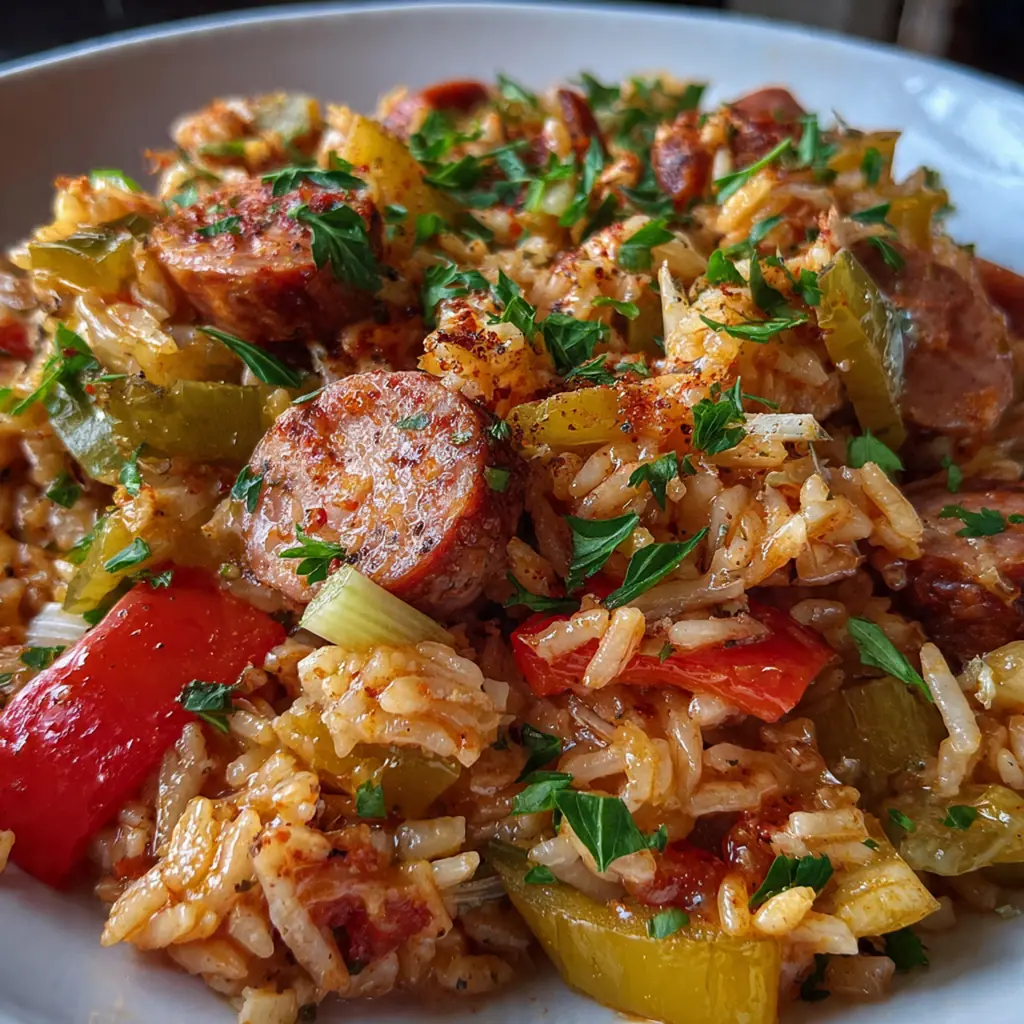 Close-up of steaming Instant Pot chicken jambalaya garnished with fresh green onions and parsley