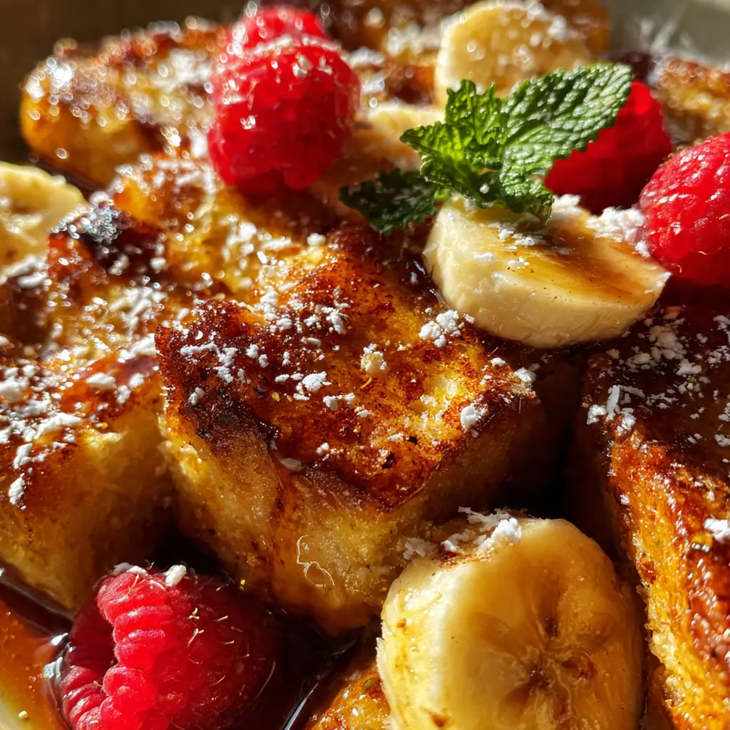 Close-up of a spoon slicing into the custardy baked casserole, revealing soft bread and crisp topping