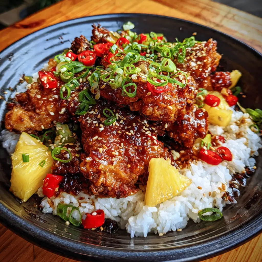 A complete dinner plate with glazed chicken, steamed rice, grilled pineapple, and fresh lime wedges