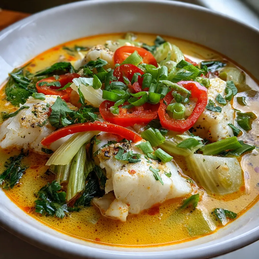 Close-up of tender white fish chunks and sliced chilies in a creamy, fragrant coconut broth