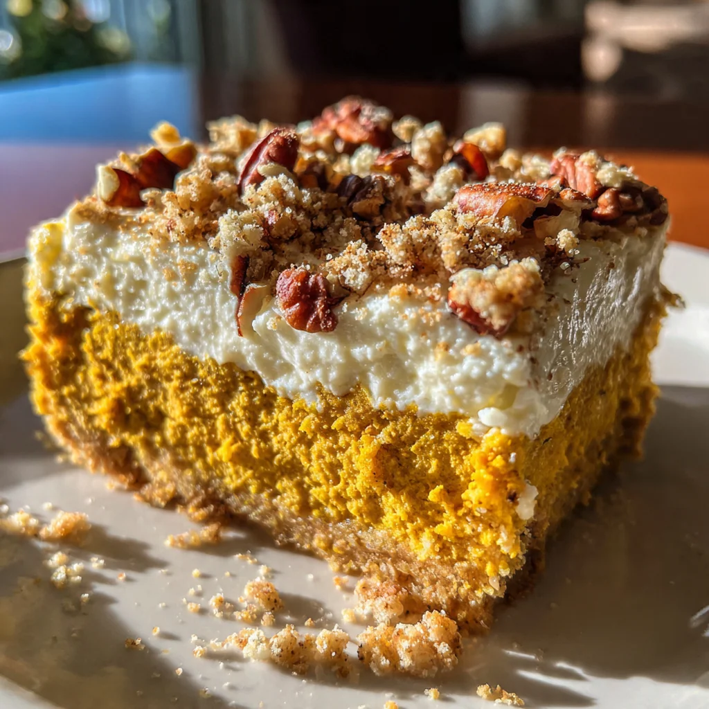 Close-up of a single moist slice of pumpkin streusel cream cheese bread on a rustic wooden table