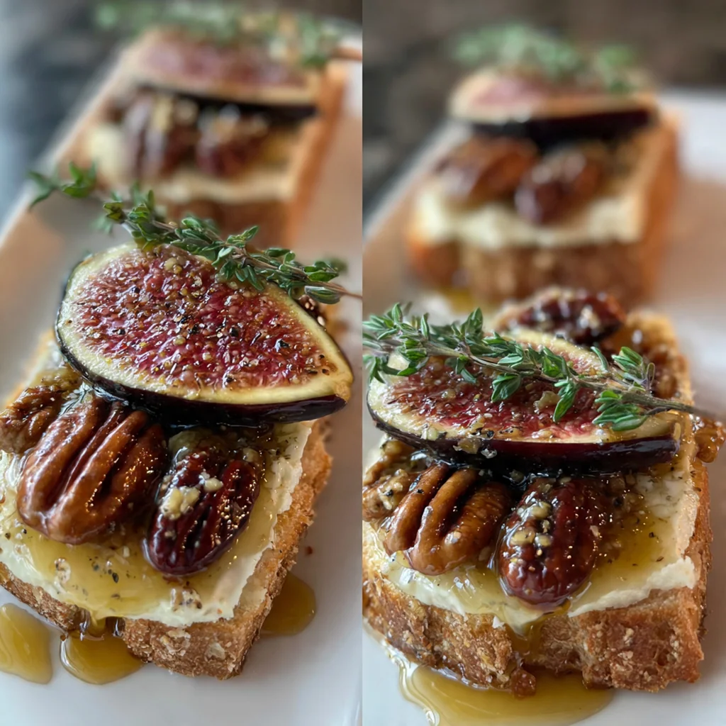 A beautiful appetizer spread with honeyed fig pecan brie on a board surrounded by crackers and apple slices