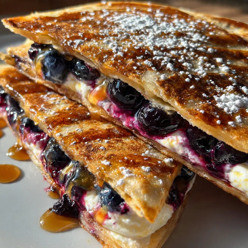 A stack of two blueberry breakfast quesadillas with a drizzle of maple syrup and fresh mint garnish